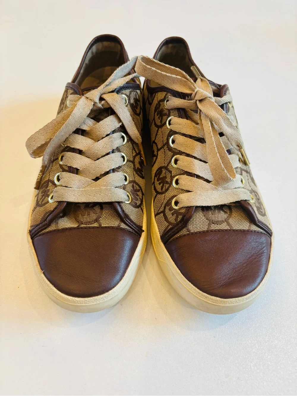 Michael Kors Beige Monogram Canvas Sneakers with Brown Leather Trim size 7.5